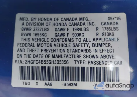 2016 Honda Civic Lx z USA, uszkodzony, nr VIN 2HGFC4B55GH305356